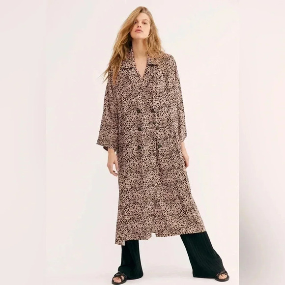 FREE PEOPLE DARIA MAXI SHIRT DRESS DUSTER JACKET LEOPARD ANIMAL PRINT Size Med - Picture 2 of 10